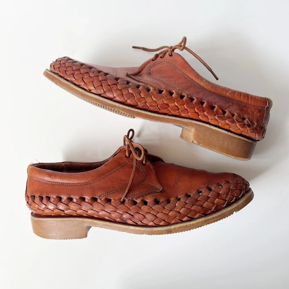 Vintage Huarache Oxford Shoes Size 9.5 Mens Tan Woven Leather Lace Up Fisherman